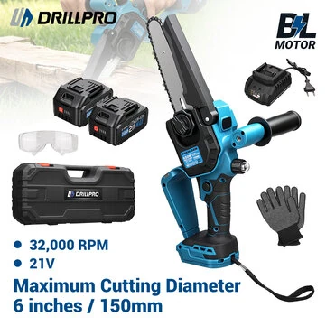 Drillpro Electric Chainsaw 6 Inch Cordless Brushless 21V 3.0Ah Battery Powered Chainsaw LED Light Automatic Chain Adjustment Oil Tank Lightweight Portable Chainsaw for Home Garden Cutting Wood