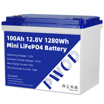 PWOD 12.8V 100Ah 1280Wh Mini LiFePO4 Battery Pack Grade A Build-in BMS Lithium Iron Phosphate For RV EV Camping