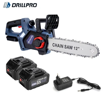 Drillpro 12 Inch Cordless Brushless Motor Electric Chainsaw Suitable for Makita batteries 3300r/min 22V 3.0Ah Lithium Battery EU Plug with Plastic Box