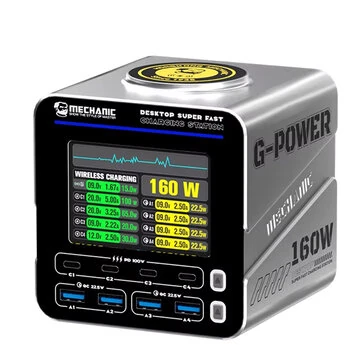 [GaN Tech] Mechanic G-Power 160W 8-Port USB PD Charger with Smart Display Screen 4USB-A+4USB-C PD3.1 QC3.0 Fast Charging Desktop Charger Station with 15W Magnetic Wireless Charging Pad for iPhone 17 17Pro 16 Pro Max 15 14 for Xiaomi 17pro