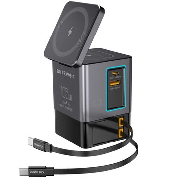 [GaN Tech]Blitzwolf BW-i116 Max 105W 6-in-1 Power Combo Desktop Charger Station with Built-in Dual Telescopic Type-C Cable + USB-A+USB-C + 2-in-1 Wireless Charger for Smart Phones for iPhone 16 16 Pro 15 14