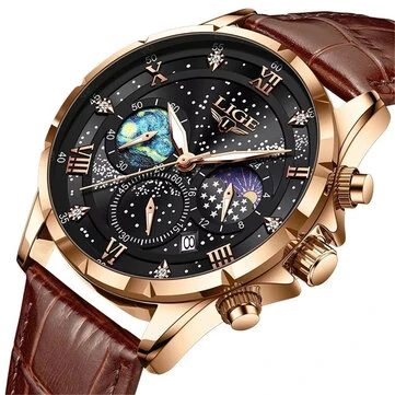 LIGE Waterproof Luminous Men's Quartz Watch Leather Strap Sports Wristwatch Male Business Casual Watch Auto Calendar