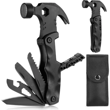 IPRee 18 in 1 Multifunctional Claw Hammer Nail Puller Combination Small Saw Bit Tool Outdoor Survival Camping Hiking Portable Hammer