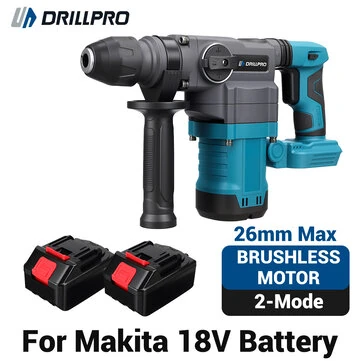 Drillpro Brushless Electric Hammer Drill with 2 Batteries 26mm 10J Cordless Electric Hammer 2-Mode for 18V Battery High Speed 800R/MIN