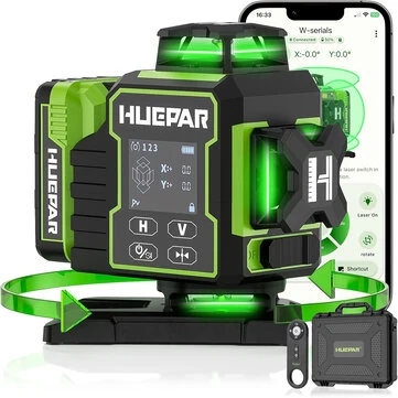Huepar W03CG W04CG 3D 12Lines 4D 16Lines Laser Level Bluetooth Control 4x360 Green Beams Rotation Base Self Leveling Touch LCD Screen Rechargeable Battery IP54 Tiling Framing Ceiling Floor Installation