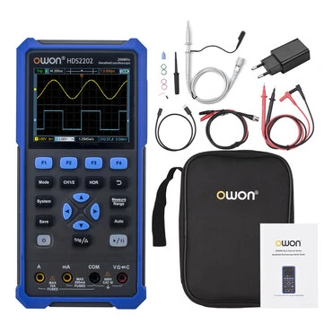 OWON HDS2202/HDS2202S 2CH Handheld Oscilloscope 200MHz Bandwidth 20000 Counts Multimeter OSC + DMM + Waveform Generator 3 in 1 Suitable for Automobile Maintenance and Power Test HDS2202 HDS2202S