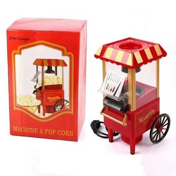 Comfook 1100W Mini Vintage Pushcart Popcorn Maker Home Use Machine with Wheels Transparent Chamber Easy Operation for Family Parties Movie Nights