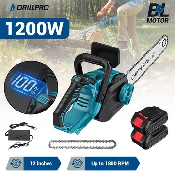 Drillpro 12 Inch Brushless Cordless Electric Chainsaw 1200W Battery-Powered Suitable for Makita Batteries for Wood Cutting with LCD Screen Lightweight Portable