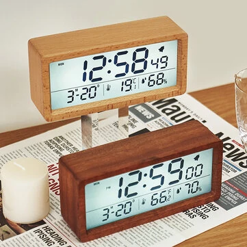 LED Wooden Digital Alarm Clock Multifunctional Large Screen Date Temperature Humidity Backlight 12/24 Hour Snooze Table Clock