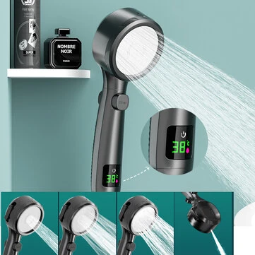 Shower Head High Pressure Digital Display Four Modes Handheld Bathroom Shower Accessory Water Saving Pressurized Adjustable Spray LED Temperature Display