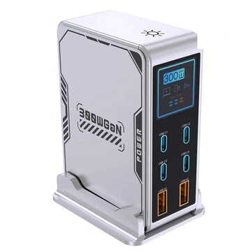 [GaN Tech] 300W 6-Port USB PD Charger 2USB-A+4USB-C PD3.0 Digital Display Fast Charging Desktop Charger Station for iPhone 17 17Pro 16 15 Pro Max 14 13 for MacBook Pro for Airpods for Apple Watch