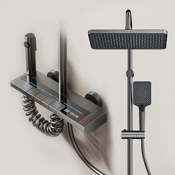 Space Aluminum Digital Display Square Shower Set Piano Button Bathroom Booster Shower Head System With Ambient Light Wall Mount Bracket Bathroom Faucets