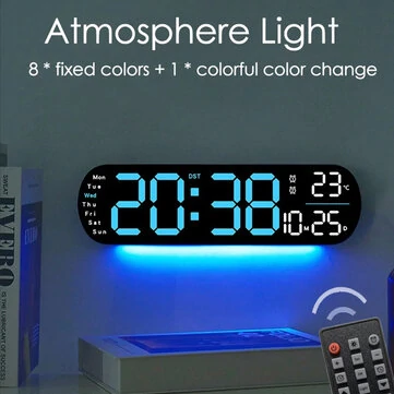 LED Digital Ambient Light Wall Clock Remote Control Electronic Mute Clock with Temperature Humitimy Date Week Display Timing Function Clock