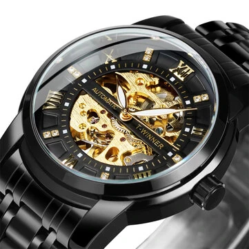 Classic Mechanical Watches Luxury Diamond Dial Black Gold Skeleton Automatic Mens Watch Stainless Steel Strap Wristwatch