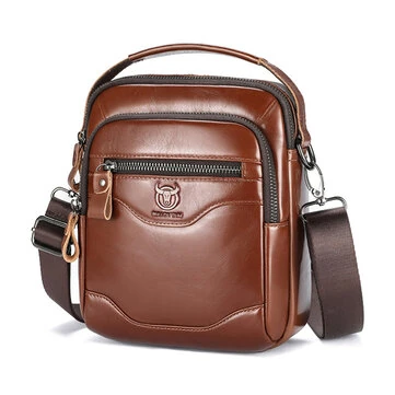 BULLCAPTAIN 8inch Cowhide Leather Men's Shoulder Bag Retro Fashion Cross Body Bag with Hand Band Multiple Zipper Pocket Capacity Business Casual Travel Messenger Bag