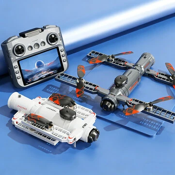 SHRC AE22 Aerospace Interstellar Spacecraft WiFi FPV with 4.3inch LCD Screen Controller HD Dual Camera Servo Gimbal 360° Obstacle Avoidance One-Key Spray LED Brushless Foldable RC Drone Quadcopter RTF