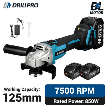 Drillpro 21V Brushless Motor Angle Grinder Four-speed Adjustable 850W Power 0-7500RPM High Capacity 3.0Ah Battery
