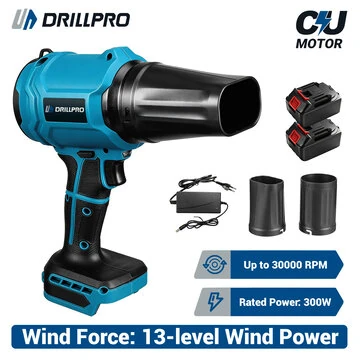 Drillpro 21V High Power Electric Blower 13-Level Wind Force EU Plug 300W Cordless Brushed Motor Lightweight Design 41mps Airflow Rechargeable Battery