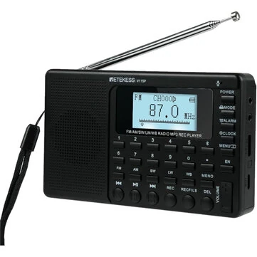 Retekess V115P Portable Shortwave Radio AM FM SW LW WB Rechargeable Digital Tuner 1800mAh Battery Wireless Connection TF Card Recording Flashlight Sleep Timer Alarm Clock
