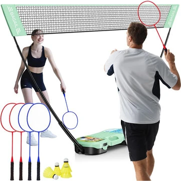 Bominfit Portable Badminton Net Set - Storage Case - Free Standing Base - Quick Setup - Simple Badminton Net with 4 Rackets, 4 Shuttlecocks for Indoor and Outdoor Games