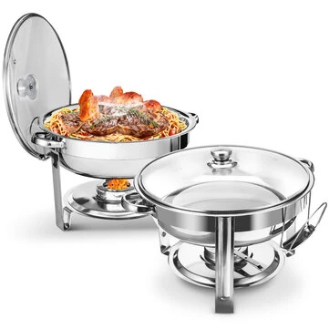 Warmounts Round Chafing Dish Buffet Set 2 Pack, 5QT Buffet Chafe Warmer Set, Polished Stainless Steel Chafing Dish for Buffet with Glass Lid & Holder for Party Events, No Finger Cuts