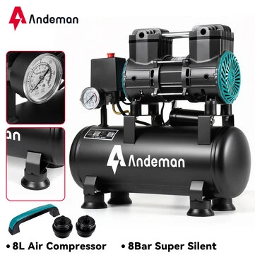 Andeman 1300h-10 oil-free silent air compressor with 8L capacity and 550W power. Suitable for 230V 50Hz (European standard)