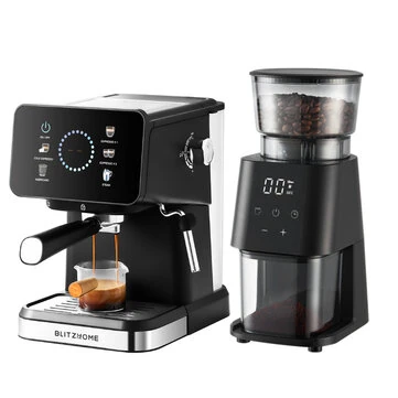 BlitzHome® CM3171 Espresso Machine & NovuLife BG710T Conical Burr Coffee Grinder Set With PID Temperature Control Steam Wand 30 Grind Settings Home Barista Combo