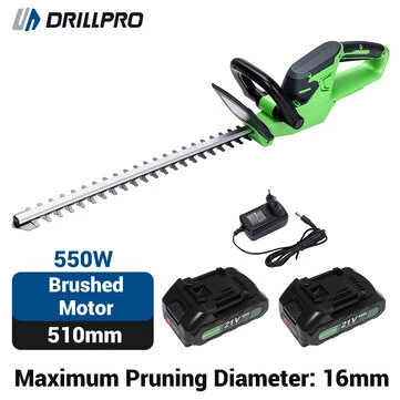 Drillpro DWK-Y0A01-020 Cordless Hedge Trimmer 21V 550W Double Blade 510mm Long Cutting Length 16mm Branch Diameter Compatible with Makita Battery Adjustable Handle EU Plug