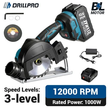 Drillpro 18V Brushless Motor Angle Grinder 1000W 3 Speed Levels High Performance Cordless Grinder Tool 3.0Ah Battery EU Plug
