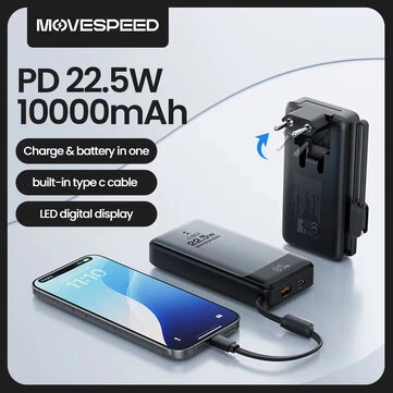 MOVESPEED MSP17-EU PD22.5W 38.5Wh 10000mAh Foldable Plug-in Power Bank with Integrated Type-C Cable Smart Power Display External Battery Power Supply with 2 Inputs & 3 Outputs Support PD Fast Charging for iPhone 17 17 Pro 16 for Huawei Mate 70