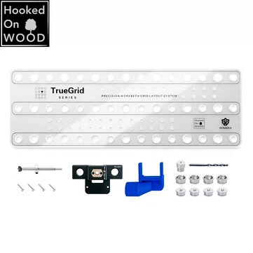 HONGDUI Hooked On Wood TrueGrid Dog Hole Drill Guide Precision 20mm Grid No CNC Required 20mm Forstner Main Boring Guide With Dust Port 3mm Pilot Guide Stop Collar Workbench Grid Layout