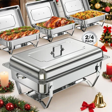 Warmounts 8QT 2/4/6 Pack Grid Pans Rectangle Chafing Dish Food-Grade Stainless Steel Catering Buffet Food Meal Plates For Hotel Party Picnic