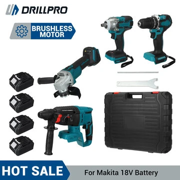 Drillpro Multi-Tool Combo Kit with 800N.m Electric Wrench 125mm Angle Grinder High Speed Electric Drill and Four-function Rotary Hammer