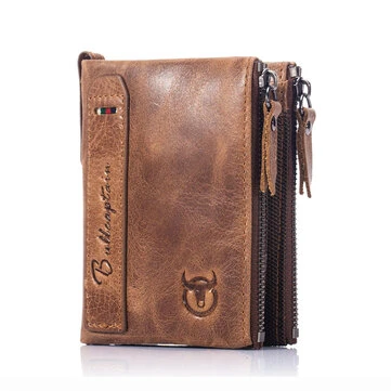 BULLCAPTAIN Vintage Men's Wallet Top-grain Cowhide Leather Zipper Card Holder Coin Purse Business Casual Male Money Clip