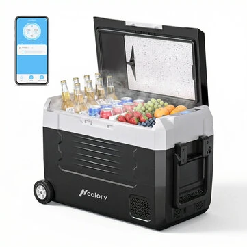 Hcalory D35M+ / D45M+ / D55M+ Dual Zone Car Refrigerator with Wheels 35/45/55L Compressor Fridge Freezer 12V 24V 220-240V Portable Cooler for Car Truck Boat Camping Travel