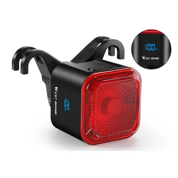 WEST BIKING Smart Brake-activated Bicycle Taillight LED Digital Power Display Auto-stop Type-C 1100mAh Long Endurance Portable Bike Back Light for MTB Bike Road Bike Scooter
