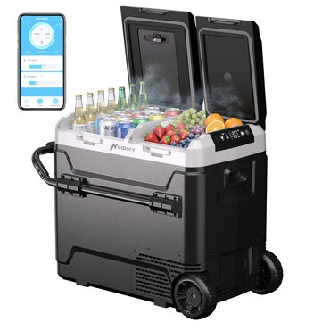 Hcalory P40M+ / P50M+ / P60M+ 40/50/60L Car Refrigerator Independent Dual Zone Temperature Control APP Bluetooth Control with Wheels 12V 24V 220-240V Wheels Divider Portable Compressor Cooler Freezer for Car Caravan RV Truck Home Camping
