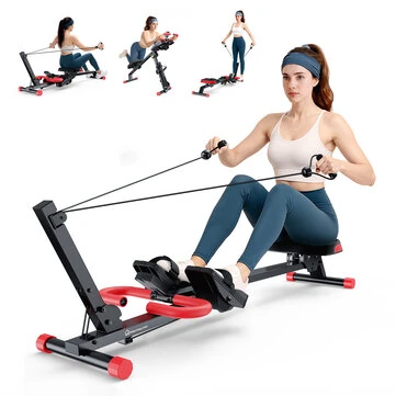 WARMOUNTS 4 in 1 Foldable Rowing Machine with LCD Monitor 4 Levels & 4 Heights 120kg Capacity Adjustable Ab Trainer Silent Slides Workout Rower Home Gym Equipment for Full-Body