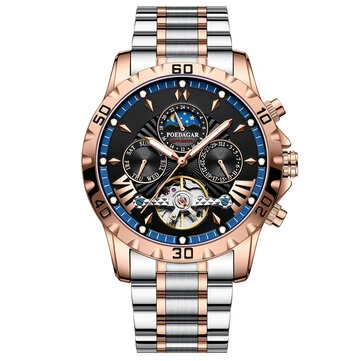 POEDAGAR Men Luxury Automatic Mechanical Watch Hollow TourЬillon Waterproof Luminous Male Clock Week Date Business Men's Wristwatch