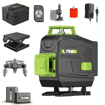 LFINE 4D 16 Line Laser Level Kit Self-Leveling Horizontal and Vertical Cross EU Plug with 2 Rechargeable Lithium Battery Powerful Green Laser Beams