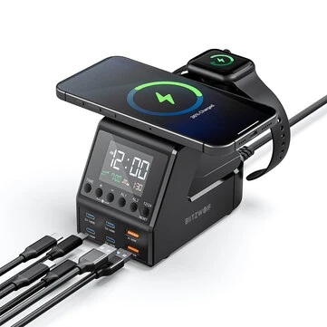 [GaN]Blitzwolf BW-FW10 240W 10-in-1 Wireless Alarm Clock Charger 2USB-A+4USB-C PD3.1/3.0 QC4.0/3.0/2.0 PPS AFC SCP FCP Fast Charging Desktop Charging Station with Time Display and 2 Alarm Clocks EU Plug for iPhone 16 for Samsung for iPad for Apple Watch