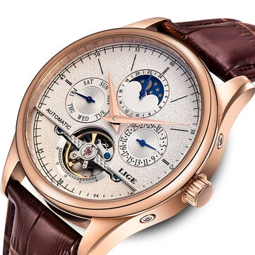 LIGE Men Watches Automatic Mechanical Watch Genuine Leather Waterproof Multifunctional Luxury Man Watch