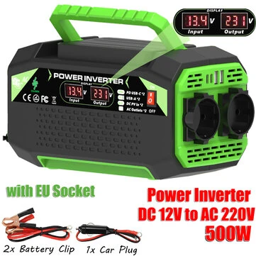 500W Inverter DC 12V to AC 220V with EU Socket Dual LCD Display Fast Charging for Outdoor Camping Car Home Use Portable Power Supply
