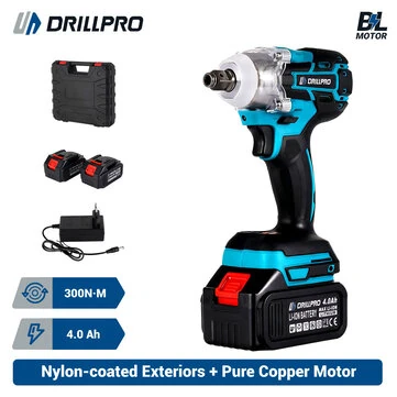 Drillpro 21V Brushless Motor Electric Wrench for Makita Battery 3,700RPM Cordless High Power Tool 4.0Ah Rechargeable Battery Portable Storage Box Nylon Coated Grip