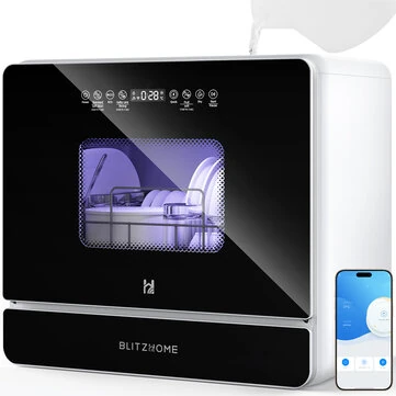 BlitzHome® BH-6-CDW1 Smart Portable Countertop Dishwasher With APP Control 5.2L Built-in Water Tank 9 Programs PTC Hot Air Drying 3D 360° 3 Sprayers Water-Saving