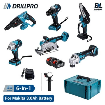 Drillpro 6-in-1 Power Tool Combo Kit 3.0Ah Brushless Electric Wrench Impact Drill Angle Grinder Circular Saw Hammer Chainsaw for Makita 18V Battery Cordless Professional Workshop Set with Storage Box and Charger