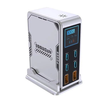 [GaN Tech] 300W 6-Port USB PD Charger 2USB-A+4USB-C PD3.0 Digital Display Fast Charging Desktop Charger Station for iPhone 17 17Pro 16 15 Pro Max 14 13 for MacBook Pro for Airpods for Apple Watch