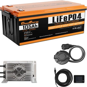 [EU Direct] Cloudenergy 48V 105Ah LiFePO4 Battery for Golf Carts & Solar Storage, 5370Wh Energy, 6000+ Cycles, Built-in 250A BMS, LCD Display Bluetooth, In Series/Parallel, Perfect for Replacing Most Backup Power RV Boats Solar Trolling Motor, Off-Grid