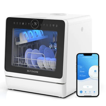 BlitzHome® BH-4-CDW Compact Smart Countertop Dishwasher With 5L Built-in Water Tank APP Control 8 Programs 3D 360° Dual Spray Hot Air Drying Child Lock Self-Clean Water-Saving