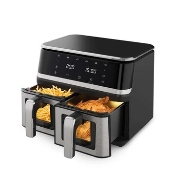 NovuLife 2000W Electric Dual Basket Air Fryer 9L 80~200°C Range 360° Hot Air Circulation with LED Digital Display Air Fryer for Home Kitchen